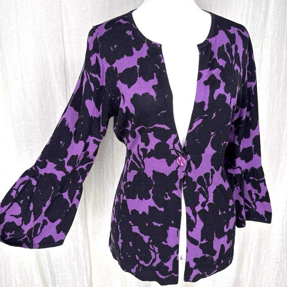 INC Purple Floral Cardigan L Bell Sleeve Whimsigoth Y2K 90s Indie Silk Cotton